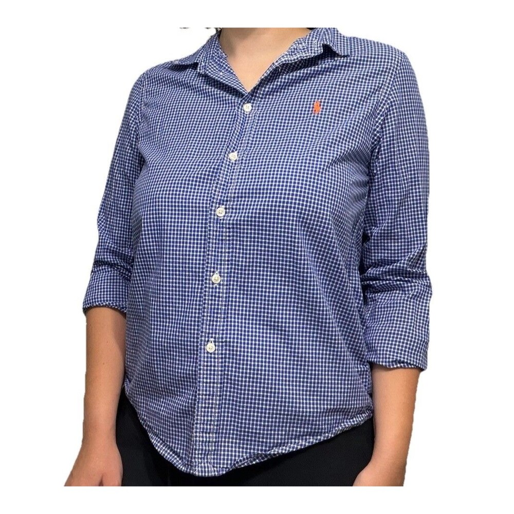 Ralph Lauren Blue Gingham Womens Small* Button Down Cotton Orange Pony Oxford - Picture 2 of 11